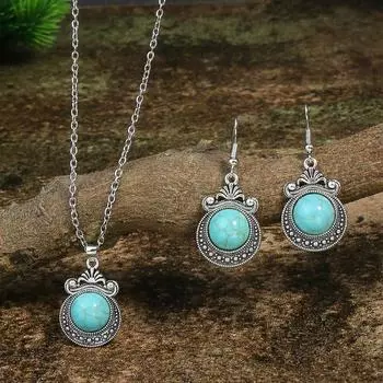 GemChic Женские новые винтажные этнические бирюзовые геометрические резные цветочные подвески ожерелье серьги комплект из двух предметов мода день рождения рождественский подарок на ювелирные изделия