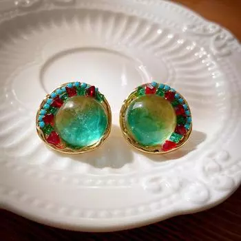 GemChic женские новые винтажные красочные средневековые круглые стеклянные серьги этнические модные серьги-гвоздики на день рождения рождественский подарок на ювелирные изделия