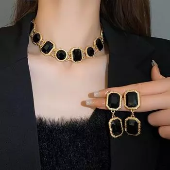 GemChic Женские новые винтажные квадратные геометрические кристаллы и стразы ожерелье на ключицу серьги комплект из двух предметов на день рождения Рождество ювелирные изделия подарок