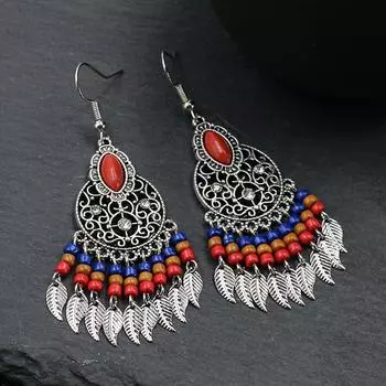GemChic женские новые винтажные серьги с бахромой в виде листьев и полыми бусинами, этнические модные серьги-крючки, подарок на день рождения, Рождество, ювелирные изделия красный