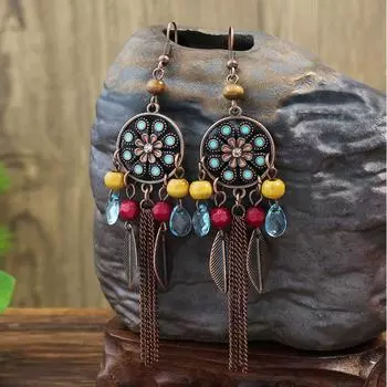 GemChic женские новые винтажные серьги с цепочкой из листьев и драгоценными камнями, круглые серьги с длинной бахромой, этнические модные серьги-крючки, подарок на день рождения, Рождество