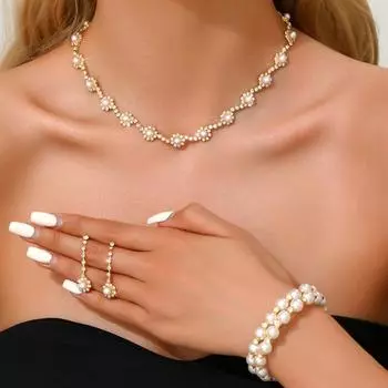 GemChic Женский Новый Изысканный Стразы Жемчуг Сверкающий Ключица Ожерелье Браслет Серьги Комплект Из Трех Частей День Рождения Рождественский Ювелирный Подарок