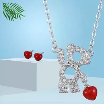 GemChic Женское Милое Изысканное Цирконовое Медведь Красный Кулон В Форме Любви Ожерелье Серьги-гвоздики Комплект из двух предметов Подарок на День Рождения Украшения на Рождество