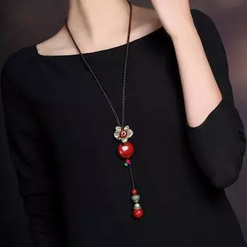 GemChic Женское Новое Винтажное Ожерелье Сплава Мраморные Бусины Цветок Этническое Регулируемое Длинное Цепь Модные Украшения Подарок На День Рождения Рождество