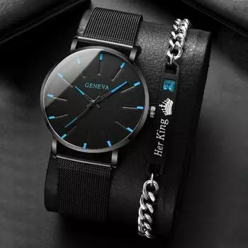 GENEVA 2 шт./комплект, элегантные модные мужские круглые кварцевые часы и браслет, идеи подарков для мужчин