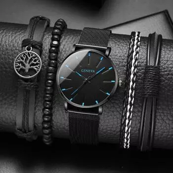 GENEVA 5 шт./набор, элегантные модные мужские круглые кварцевые часы и браслет, идеи подарков для мужчин