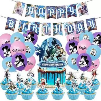 Genshin Birthday Decoration Party Set Genshin Impact Game Anime Character Popular Funny Cute Kids Boys Girls Blue Pink Purple Happy Birthday