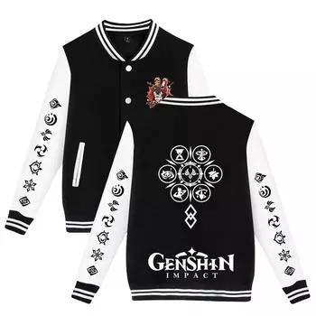 Genshin Impact Аниме Принт Мужчины Женщины Хип-Хоп Куртка Пальто Свитшоты Толстовка Бейсбольная Форма Уличная Одежда Мальчики Девочки Кардиган Топы Одежда XS чёрный