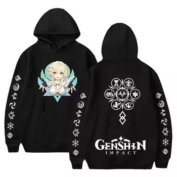 Genshin Impact Аниме Толстовка с капюшоном Уличная одежда Мультфильм Печатный Толстовка с капюшоном Мужчины Женщины Косплей Спортивные пуловеры XS чёрный