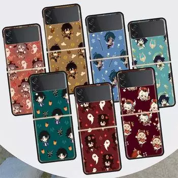 Genshin Impact Art Background для Samsung Galaxy Z Flip 4 3 5G Чехол для телефона Черный Жесткий Чехол ZFlip 4 3 Роскошный Ударопрочный Бампер Co Samsung Z Flip 3