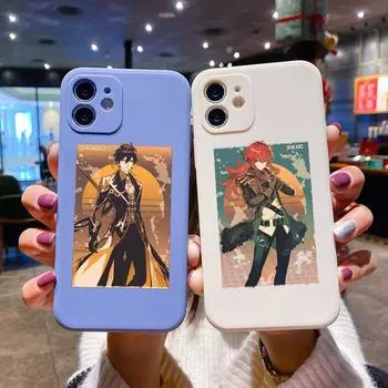 Genshin Impact Art Роскошный квадратный жидкий силиконовый чехол для телефона для iPhone 14 11 12 13 Pro Max Mini X XS XR 7 8 Plus SE2 DIY чехол iPhone 12Pro Max