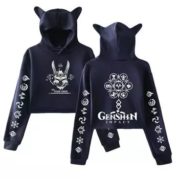 Genshin Impact Cat Ear Anime Hoodie Women Long Sleeve Cropped Sweatshirts Female Casual Streetwear Crop Tops XS белый