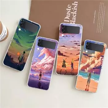 Genshin Impact Game landscape Clear Phone Case For Samsung Z Flip 4 5 Transparent High Hard PC For Galaxy Z Flip 3 5 Cover Galaxy Z Flip
