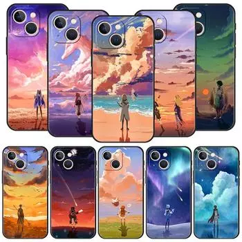 Genshin Impact Game landscape Luxury Phone Case For iPhone 13 15 14 12 11 Pro MAX XR X SE XS 7 8 Plus Silicone Black Cover iPhone 7 8 Plus