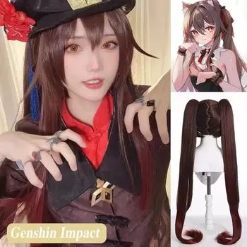 Genshin Impact Game Walnut Cos парик с двойным хвостом, длинные прямые волосы, темно-коричневый градиент, красно-коричневый, полный головной убор, парик 110cm темно-коричневого