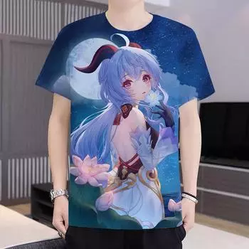 Genshin Impact Ganyu Animation Peripheral аниме Game 3D Print Clothing Летняя футболка с круглым вырезом для мужчин и женщин Повседневная с коротким рукавом XS
