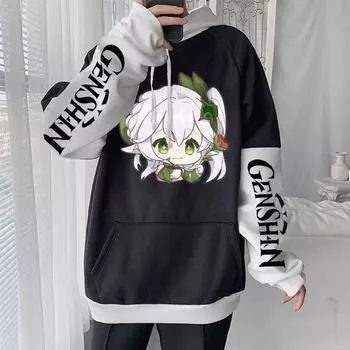 Genshin Impact Kawaii Nahida толстовки аниме Harajuku мультфильм негабаритные подростковые женские и мужские зимние толстовки с длинными рукавами унисекс S чёрный