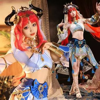 Genshin Impact Nilou Sumeru Косплей Костюм Красный Парик Женское Синее Платье Одежда Одежда Аниме для Хэллоуина Карнавальная Вечеринка xxxl