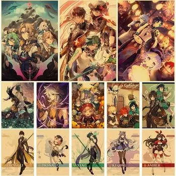 Genshin Impact постеры с героями мультфильмов, принты на крафт-бумаге, домашний декор для комнаты, кабинет, спальня, бар, кафе, настенные картины, наклейки на стену 30x21cm