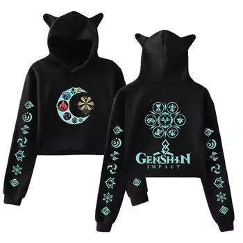 Genshin Impact Printed Cat Ear Hoodie Women Long Sleeve Short Shirts Women Casual Streetwear Crop Tops XS белый