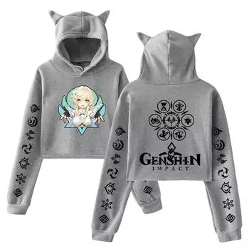 Genshin Impact Pullover Girls Casual Cat Cropped Hoodies Female Long Sleeve Sweatshirts Crop Top Women s Hoodie Sexy Tops XS белый