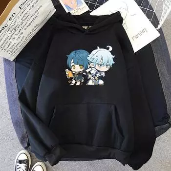 Genshin Impact Пуловер с героями мультфильмов Chongyun и Xingqiu с принтом, толстовка унисекс, удобная модная толстовка, корейская повседневная мужская и женская толстовка S чёрный