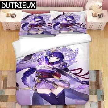 Genshin Impact Raiden Shogun 3D Printed Bedding Set Duvet Covers Pillowcases Comforter Bedding Set Bedclothes Duvet Cover EU single(135x200cm)
