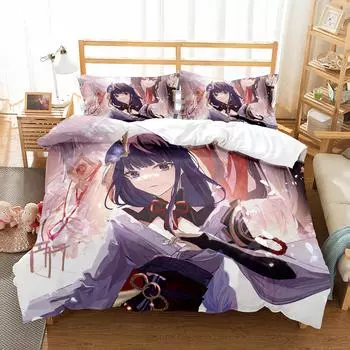 Genshin Impact Raiden Shogun Pillowcase Bedding Bag Cartoon 3 Pcs Set Anime Customize Bedding Decoration Cute Quilt Cover EU single(135x200cm)