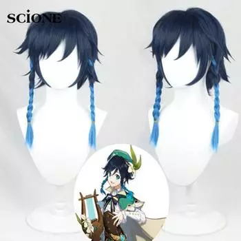 Genshin Impact Venti Косплей Унисекс 50 см Синий Парик Косплей Аниме Косплей Парики Термостойкие Синтетические Парики Хэллоуин