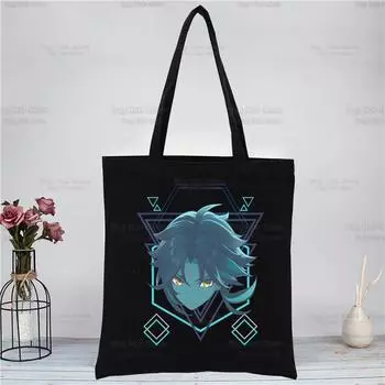 Genshin Impact Xiao аниме-игровые сумки, тканевая холщовая большая сумка, черная сумка для покупок, путешествий, женские эко-многоразовые сумки на плечо для покупок 24*26cm