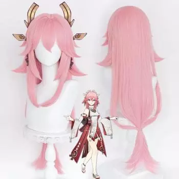 Genshin Impact Yae Guuji Косплей 85 см парик Розовый парик Косплей Аниме Косплей парики термостойкие парики из синтетических волос + шапочка для парика