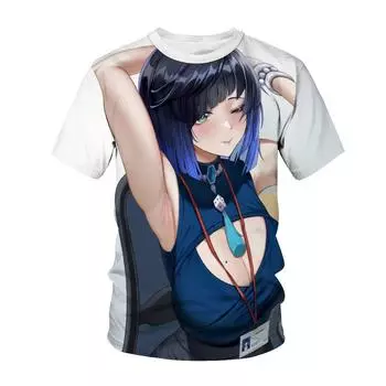 Genshin Impact Yelan Print Летняя мужская футболка с круглым вырезом Повседневный свитер большого размера с коротким рукавом Модная трендовая мужская одежда S