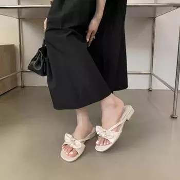 Gentle bow low-heeled slippers women s outer wear 2024 new Korean version with skirt temperament fairy women s sandals 35 чёрный