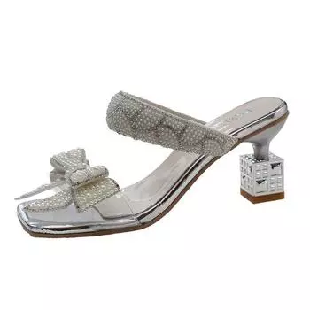 Gentle bow thick heel sandals women s 2025 summer new one-word with transparent rhinestone square head open-toed fairy shoes 36