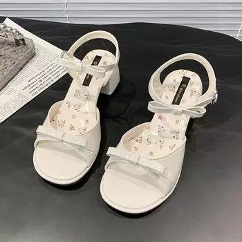 Gentle bow thick heel sandals women s summer new with skirt versatile one-word belt sandals 35