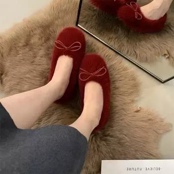 Gentle fairy fluffy shoes female outer wear 2024 new Korean version mink cotton shoes flat bean shoes female winter velvet 35