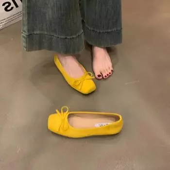 Gentle fairy wind ballet single shoes female 2025 new French bow square head light mouth soft sole one pedal ladyshoes 35 абрикосовый