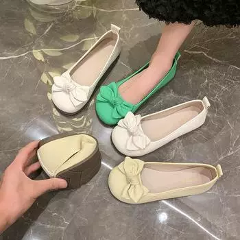 Gentle fairy wind bow small leather shoes female 2025 summer new one-pedal soft-soled beanie shoes shallow single shoes 35