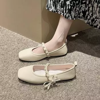 Gentle fairy wind bow square head single shoes female 2025 new shallow mouth flat bottom soft leather literary evening Doudou shoes 35