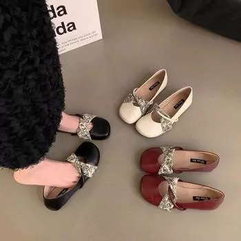 Gentle fairy wind Doudou shoes female spring 2025 new floral cross belt shallow mouth evening Mary Jane single shoes 35 чёрный