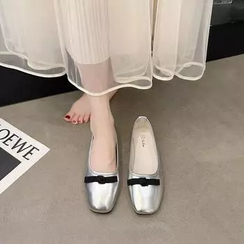 Gentle fairy wind single shoes female 2024 spring and summer new French temperament elegant round head bow flat bottom evening shoes 35 красный