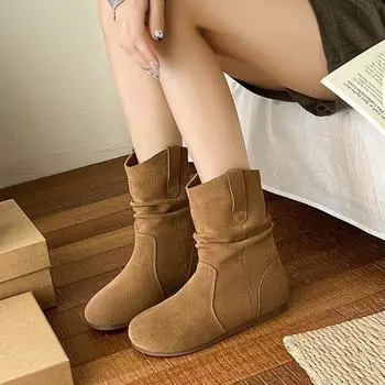 Gentle Fairy Wind Versatile Round Head Pleated Pile Boots 2024 New Vintage Maillard Brown Sleeve Boots 35 хаки