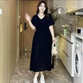 Gentle Heart French Short Sleeve Slim Looking Slim-Fit Dress Black 4XL