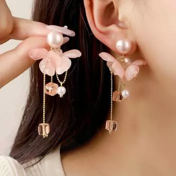 Gentle Pink Pearl Earrings Flower Fringe Fairy Summer Vibe Sugar Pendant Earrings for Women