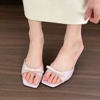 Gentle pink purple! Square head bow high heel sandals open toe stiletto mullers 35