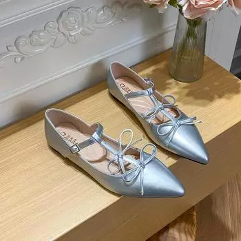 Gentle pointed Mary Jane shoes silver French small beautiful light mouth single shoes women s flat bottom bow flat bottom temperament shoes 34 чёрный