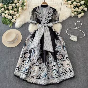 Gentle Retro Outer Wear Embroidered Printed Tied Dress Black 2XL