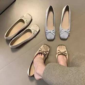 Gentle satin square head ballet shoes 2024 spring niche bow thick heel light mouth ladyshoes 35 серебряный