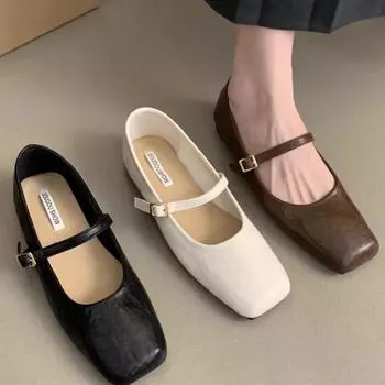 Gentle square head flat sole shoes women s 2024 new spring and summer retro brown evening breeze with skirt Mary Jane shoes 35 чёрный
