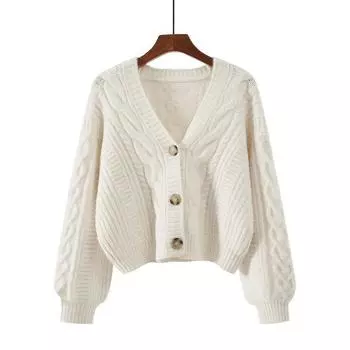 Gentle Style Wear V-neck Knitted Cardigan Cable-Knit Sweater Meters apricot M